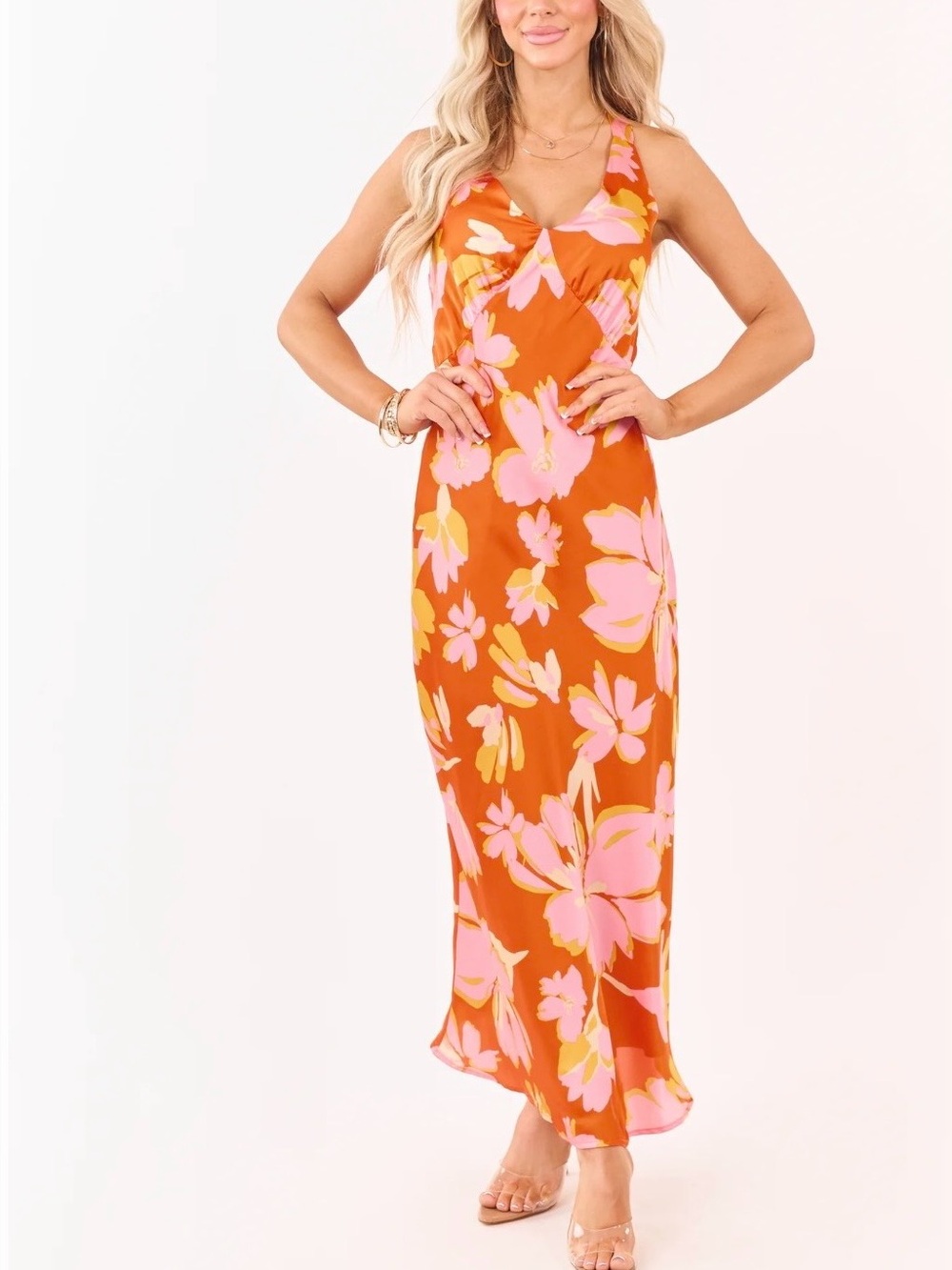 Sunset Floral V-Neck Maxi Dress in Orange with Pink Bloom